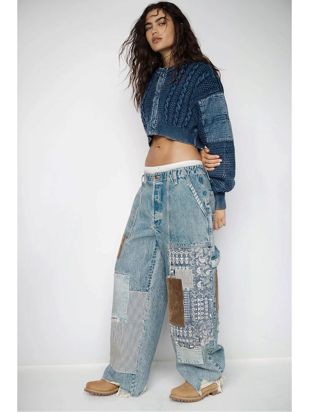 Free People Patchwork Chunky Cable Knit Heritage Cardi Cardigan Sweater Small